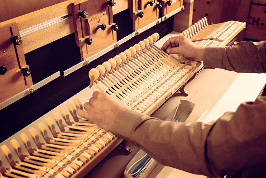 Vleugelrevisie uitgevoerd door Pianoservice Den Haag, waarbij het mechaniek zorgvuldig wordt geoptimaliseerd voor betere speelervaring en klankkwaliteit.
